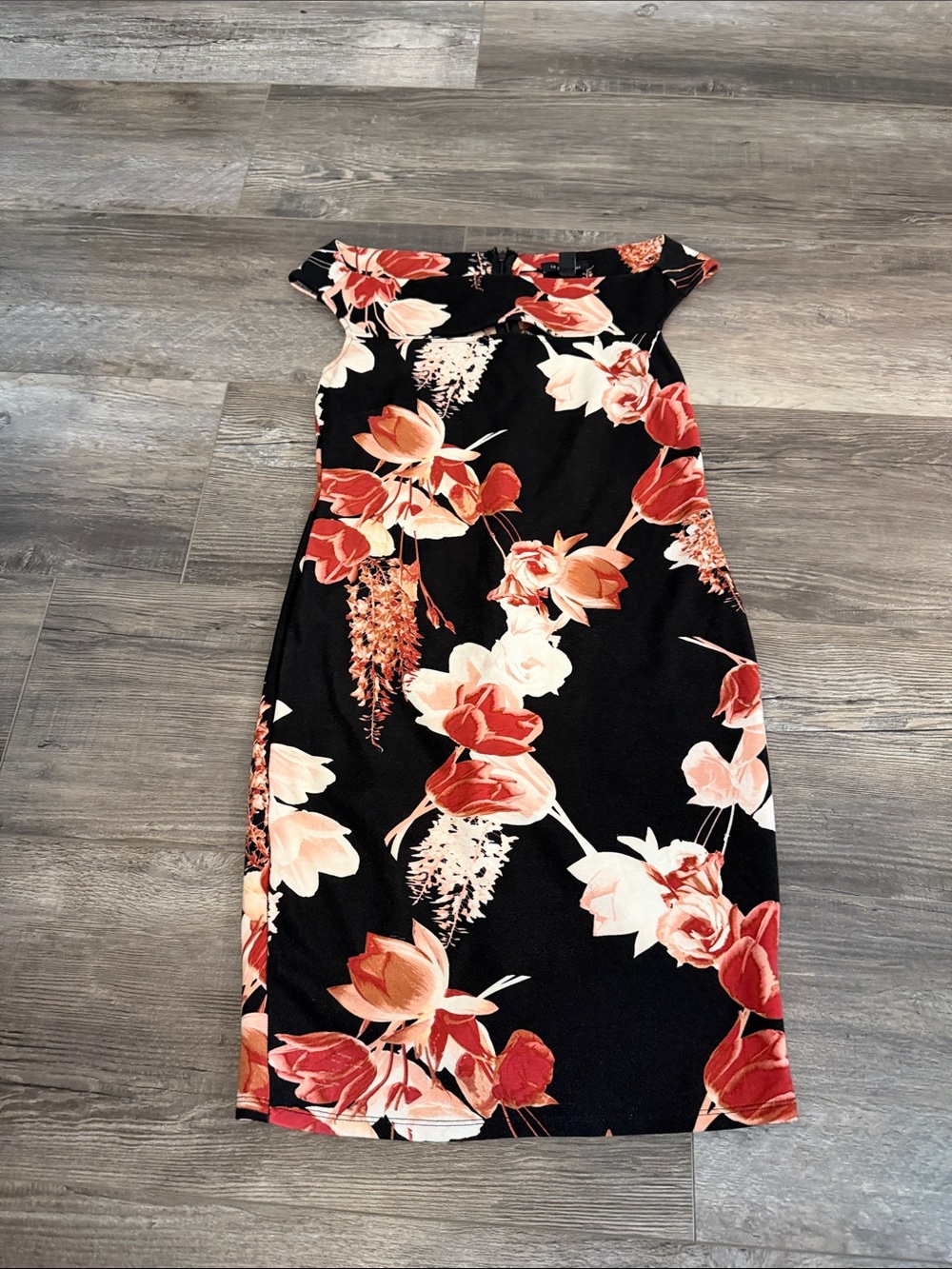 Le Chateau Floral Off-Shoulder Sheath Dress in Black and Coral